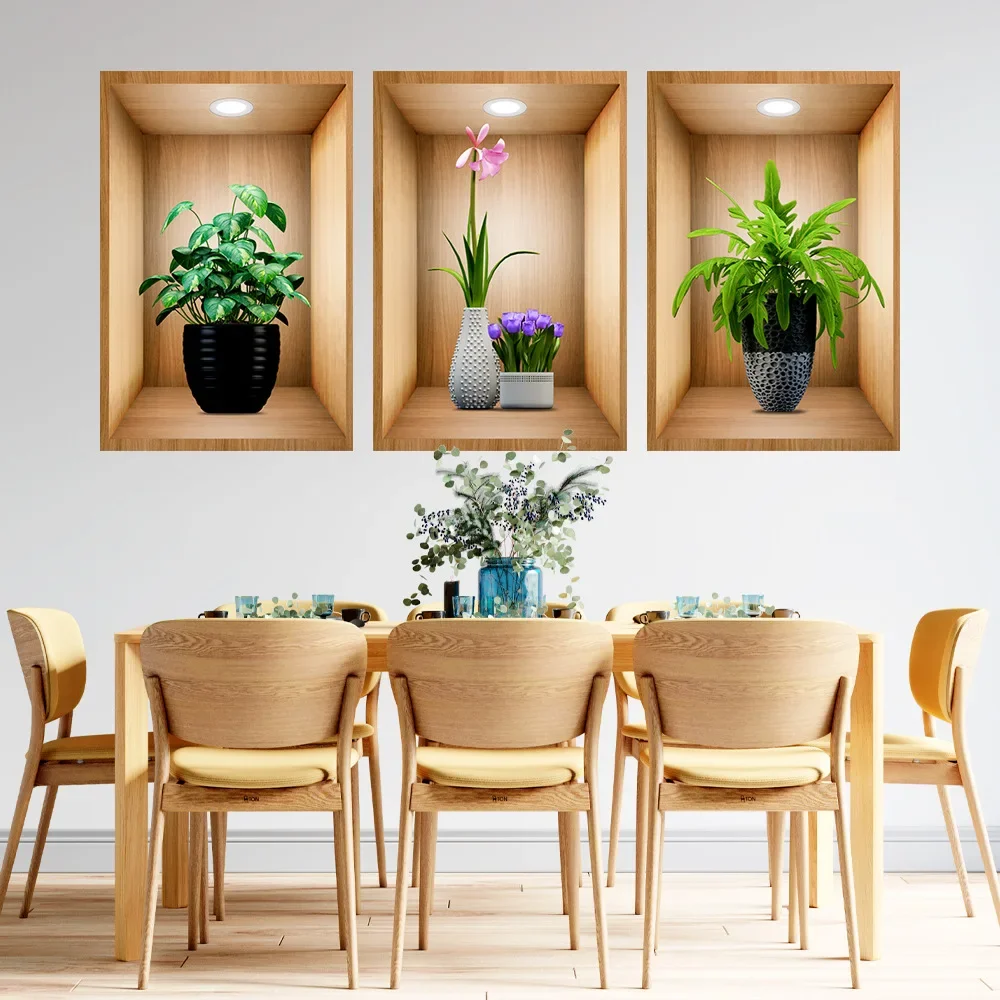 3D effect potted triptych posters hallway staircase decorative painting hotel restaurant wall plant stickers