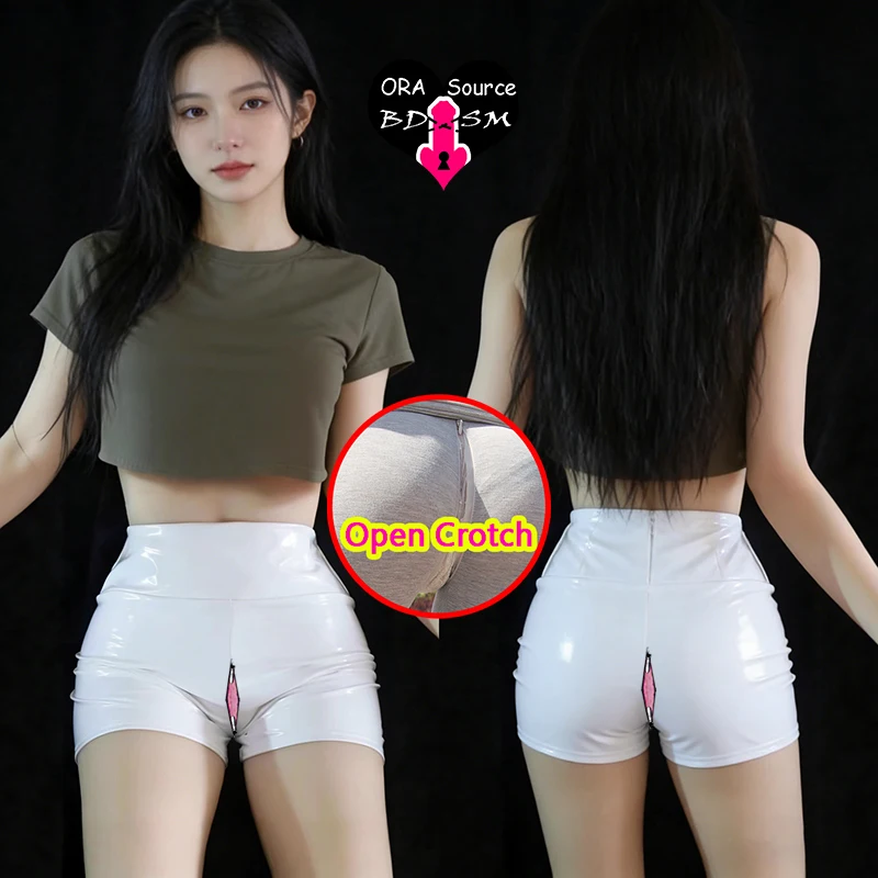 ‌Women High Waist Open Crotch Mirror Shiny PU Leather Shorts Hidden Zipper Tight Bodycon Crotchless Pants Club Party Fashion