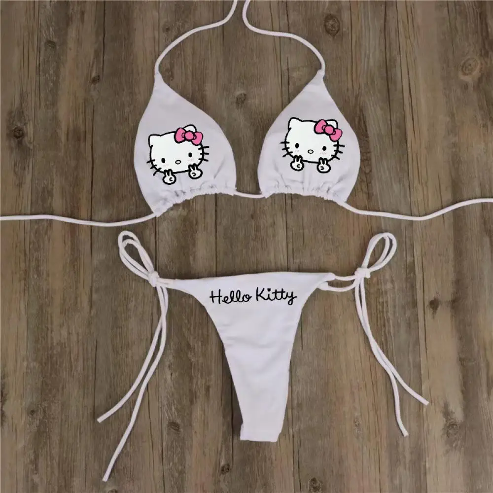 Conjunto de Bikini de Hello Kitty Grils para mujer, traje de baño Sexy de encaje con cuello Halter Sanrio, traje de baño Multicolor ajustable con tirantes, 2 uds.