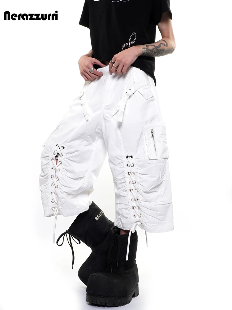 

Nerazzurri Summer Autumn White Lace Up Wide Leg Shorts for Men High Waist Knee Length Pants Trousers Punk Style Menswear Clothes