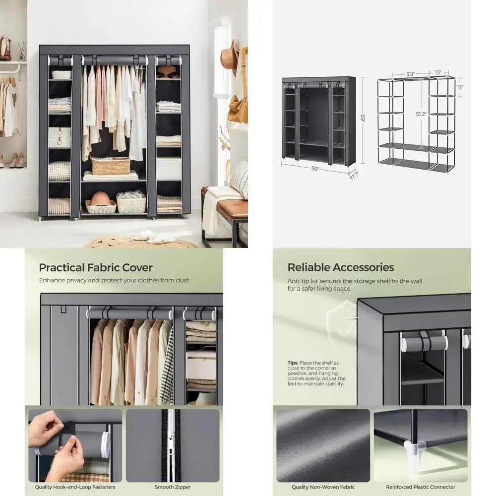 

Gray Portable Clothes Storage Organizer with 12 Compartments, 59 x 17.7 x 69, Non-Woven Fabric Cover for Bedroom