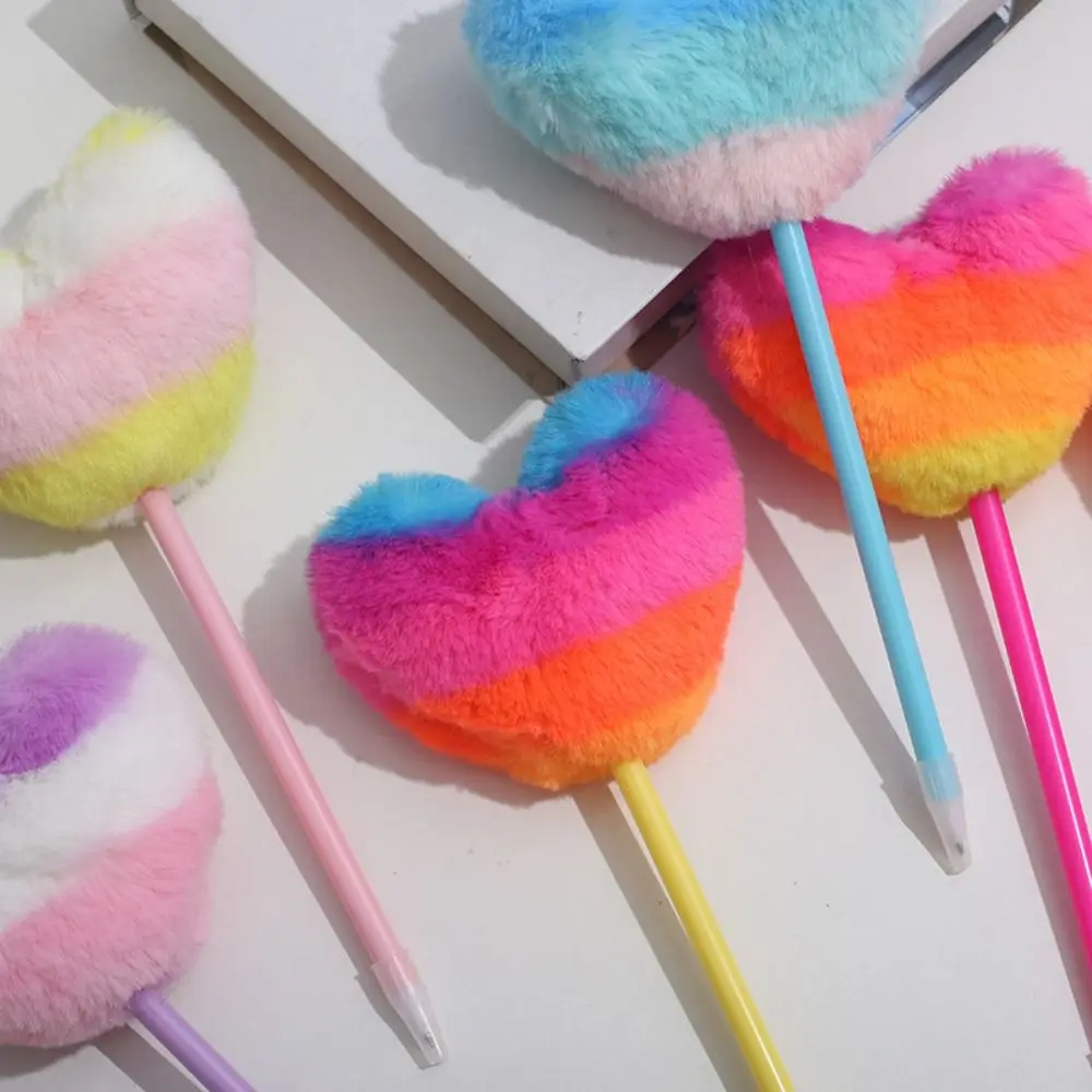 Детская плюшевая ручка с градиентом в форме сердца, нейтральная гелевая ручка, плюшевая шариковая ручка для рукописного ввода, плавная ручка для подписи