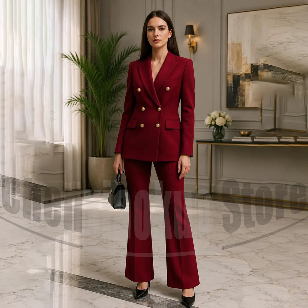 Elegant Women Suit Double Breasted Blazer And Flare Pants Chic Formal Business Office Wedding Party Tailored Tuxedo 2 Piece
