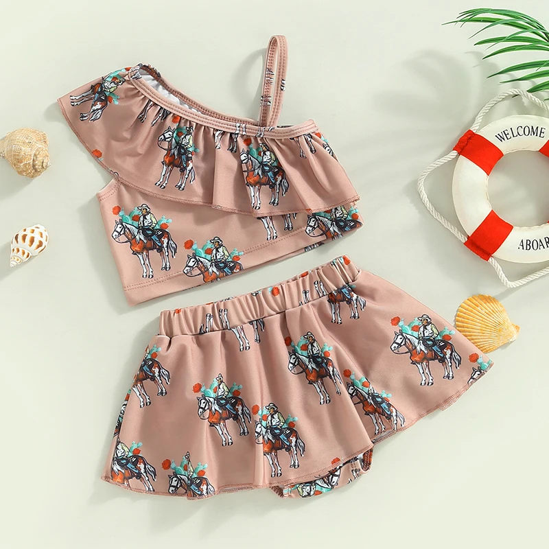 Yiiciovy Kids Sweet Bikini Set Baby Girl 2pcs Swimsuits Summer Cowboy Print Ruffles Sleeveless Tops + Beach Shorts Swimwear Sets