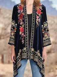 Vintage Print Jacken für Frauen Herbst Blumen druck Samt Cardigan Frauen Langarm lose unregelmäßigen Saum Oberbekleidung Mantel