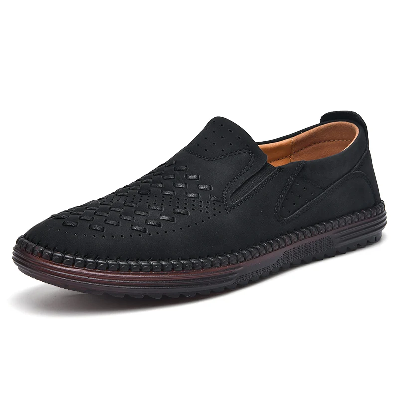 Handmade Leather Men Shoes Design Fashion Sneakers Slip on Loafers Summer Mesh Breathable Casual Driving Flat Lightweight