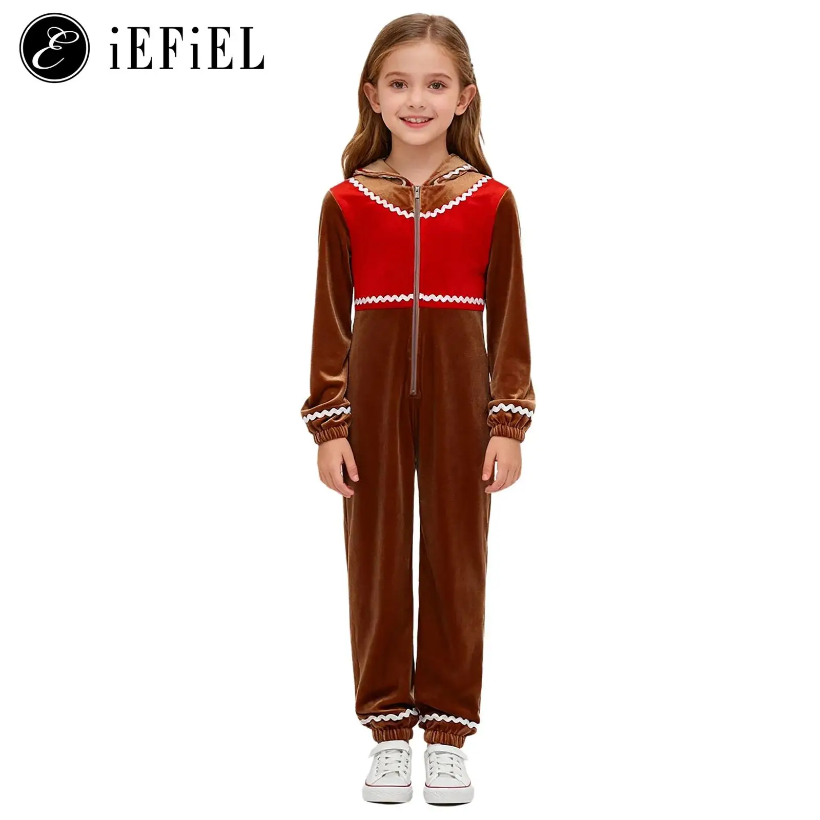 

Unisex Girls Boys Gingerbread Man Christmas Costume Velvet Hooded Zip Up One Piece Overalls Xmas Pajamas Jumpsuits