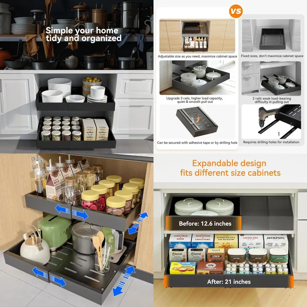 

Расширяемый органайзер для шкафа 21 глубины с регулируемой шириной (12,6-21) для кухни и ванной комнаты, черный