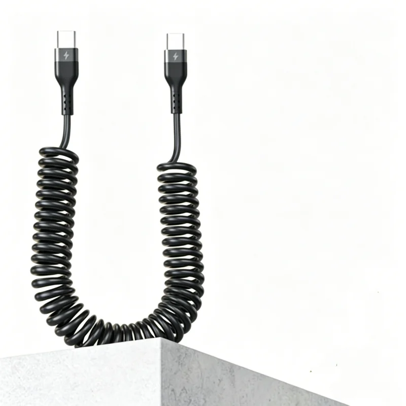 60W PD 5A Coiled USB‑C to USB‑C Fast Charging Cable Retractable Stretch Spring Wire Anti‑Tangled Type‑C Charger Cord 1M 1.5M 2M