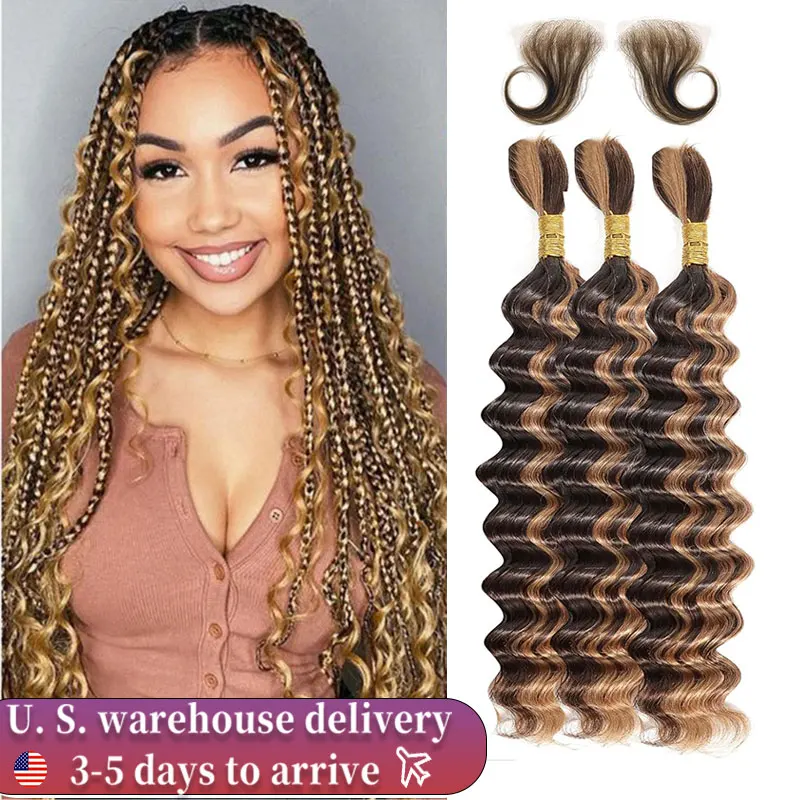 16A Deep Wave Highlight Ombre Bulk Human Hair For Braiding No Weft 100% Virgin Hair Curly Extensions For Boho Braids Baby Hair