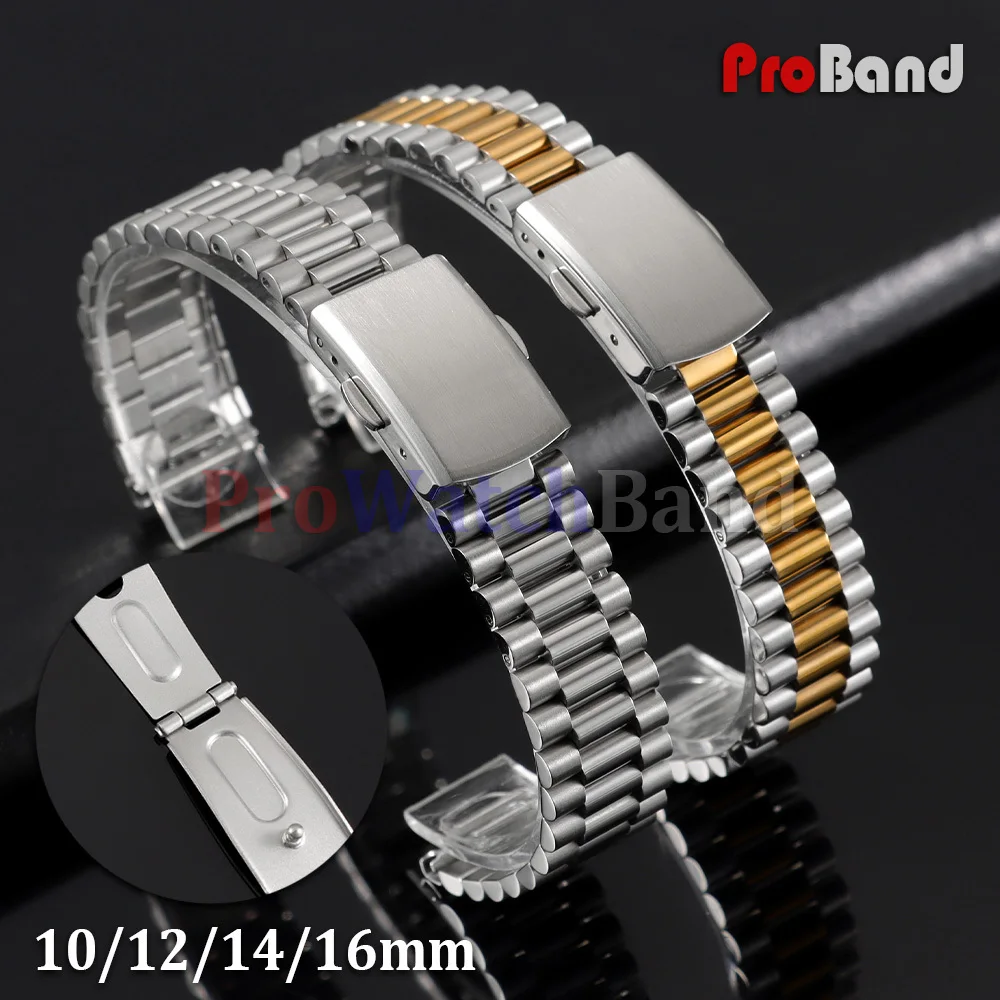 

Solid Stainless Steel Bracelet Silver Gold Wristbands 10mm 12mm 14mm 16mm Metal Double Folding Clasp Strap Men Women Watch Band