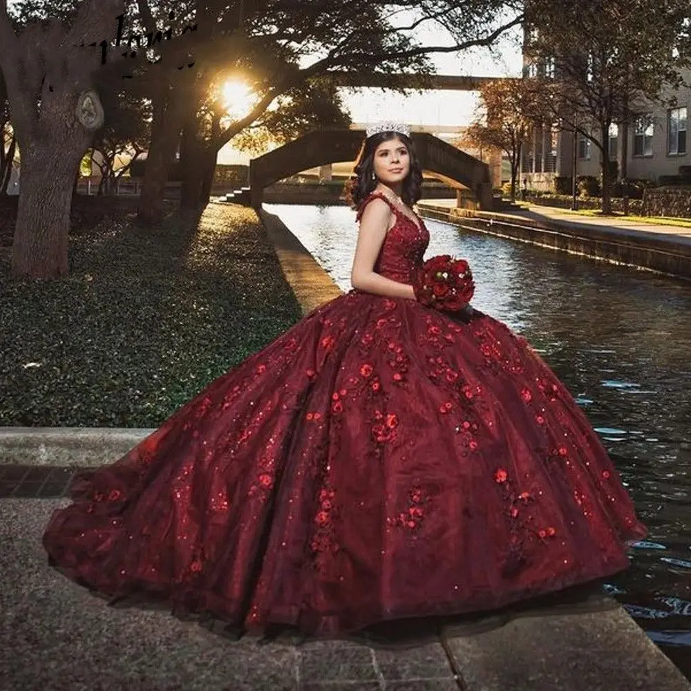 

Lorencia бордовое бальное платье Quinceanera платье с цветочной 3D цветочной аппликацией и блестками, бусинами, корсет Sweet 16, Vestidos De XV Anos YQD379