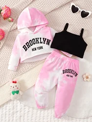 Baby Girl Spring And Autumn Pink Long Sleeved Hoodie With Personalized Printed Letter Pattern Three Piece Set