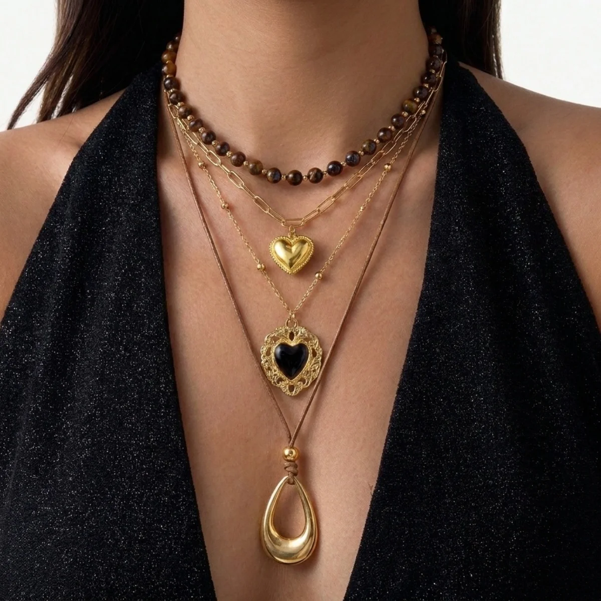 Retro Natürlicher Tigerauge-Stein Herz Hohler Wassertropfen Anhänger Halskette für Frauen Männer Mehrschichtige Tropfenform Stapelbare Choker-Schmuckstücke – Detail 25