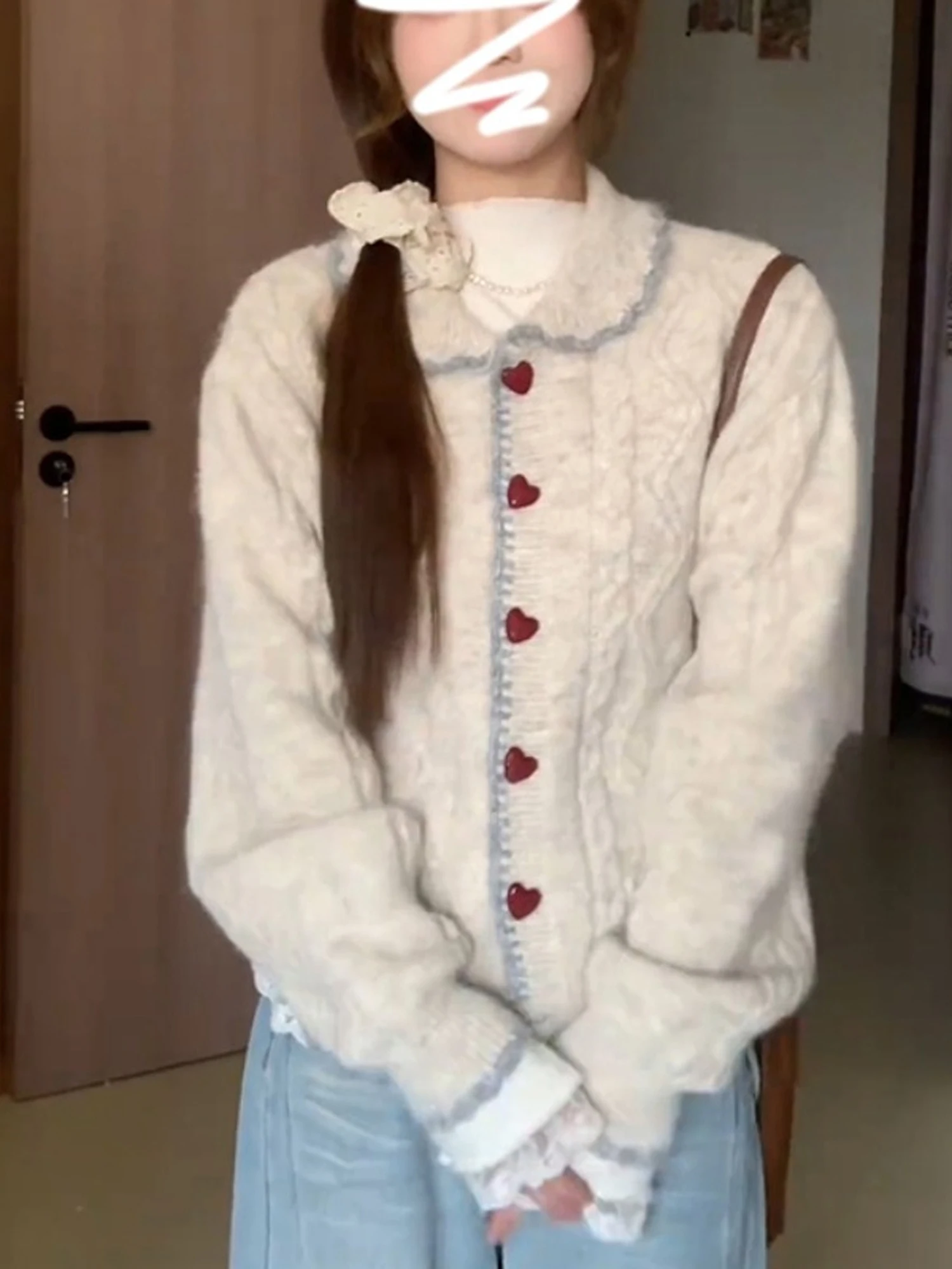 Korean Style Lazy Soft Doll Collar Knitted Open Cardigan Women's Autumn Winter Inner Wear Heart Button Soft Cozy Sweater Top
