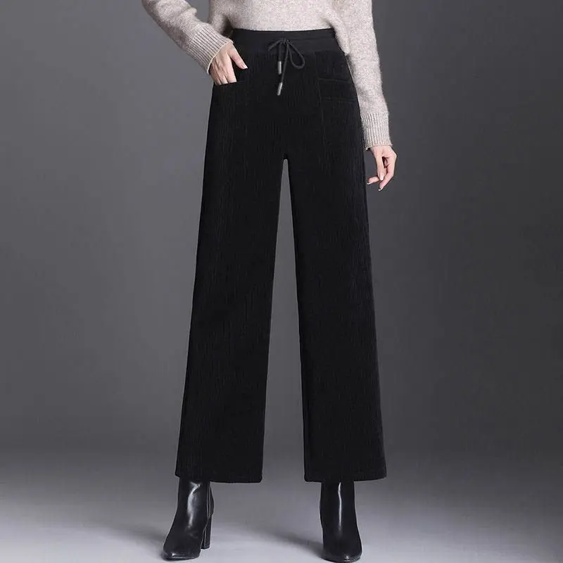 Fashion Autumn Winter Pants New Women Pockets Elastic High Waist Drawstring Plus Velvet Straight Wide Leg Ankle Length Trousers