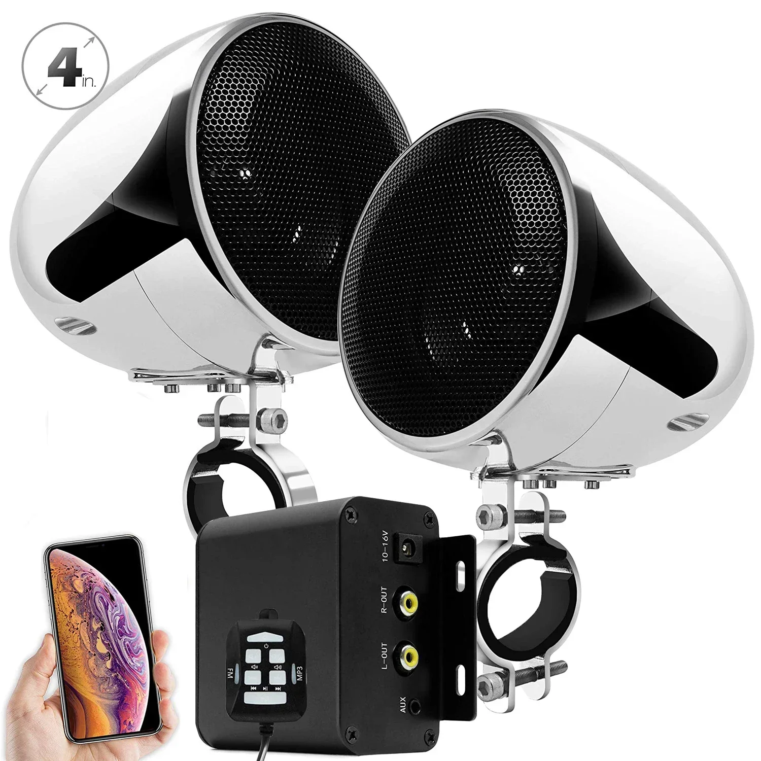 Aileap 150W 블루투스 오토바이 오디오 시스템(멀티미디어 스테레오 앰프, 4인치 방수 스피커, FM 라디오, AUX MP3 포함)