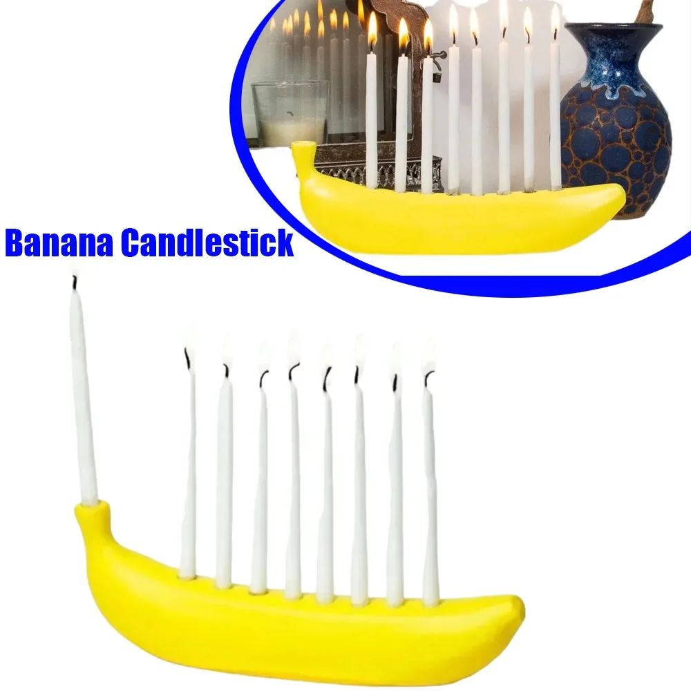Banana Shape Menorah Tabletop Candlestick Decor Resin Novelty Banana Hanukkah Chanukah Candle Holder Holiday 9 Candle Can Hold