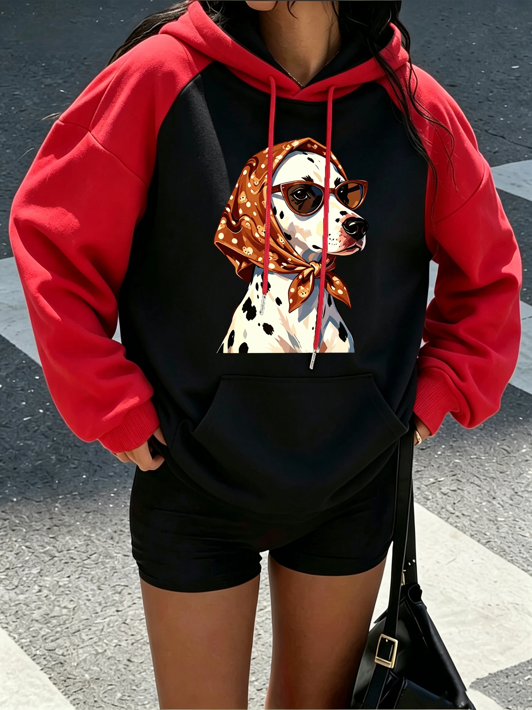 Brown Headscarf Sunglasses Dog Pattern Women Raglan Hoodies Vintage Pocket Hoody Loose Casual Sportswear Fleece Autumn Hoodie