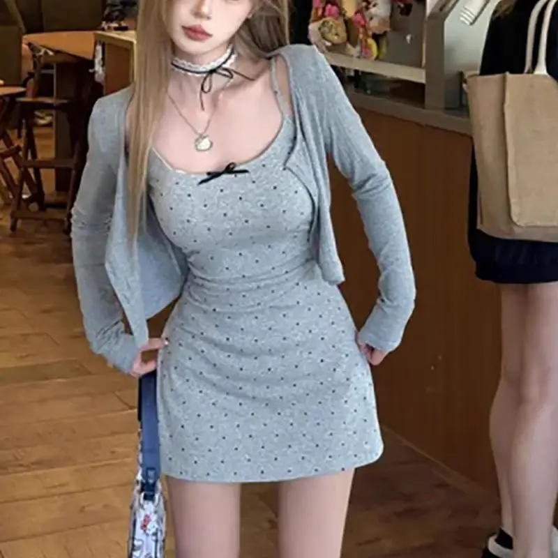 Gray Polka Dot Strapless Dress Women's Summer New Waist Cinching Slimming Inner A-Line Long Skirt Elegant Style High Waist