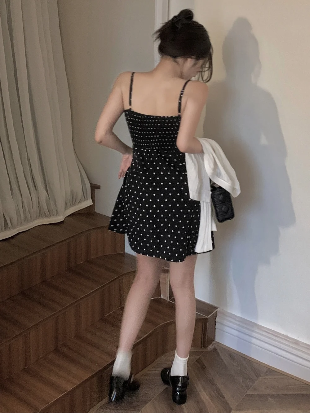 Mini abiti con cinturino per spaghetti Donna Stampa a cuore nero Nuovo stile coreano sottile sexy Moda giovane Ins Casual Sottile Estate Ragazze dolci