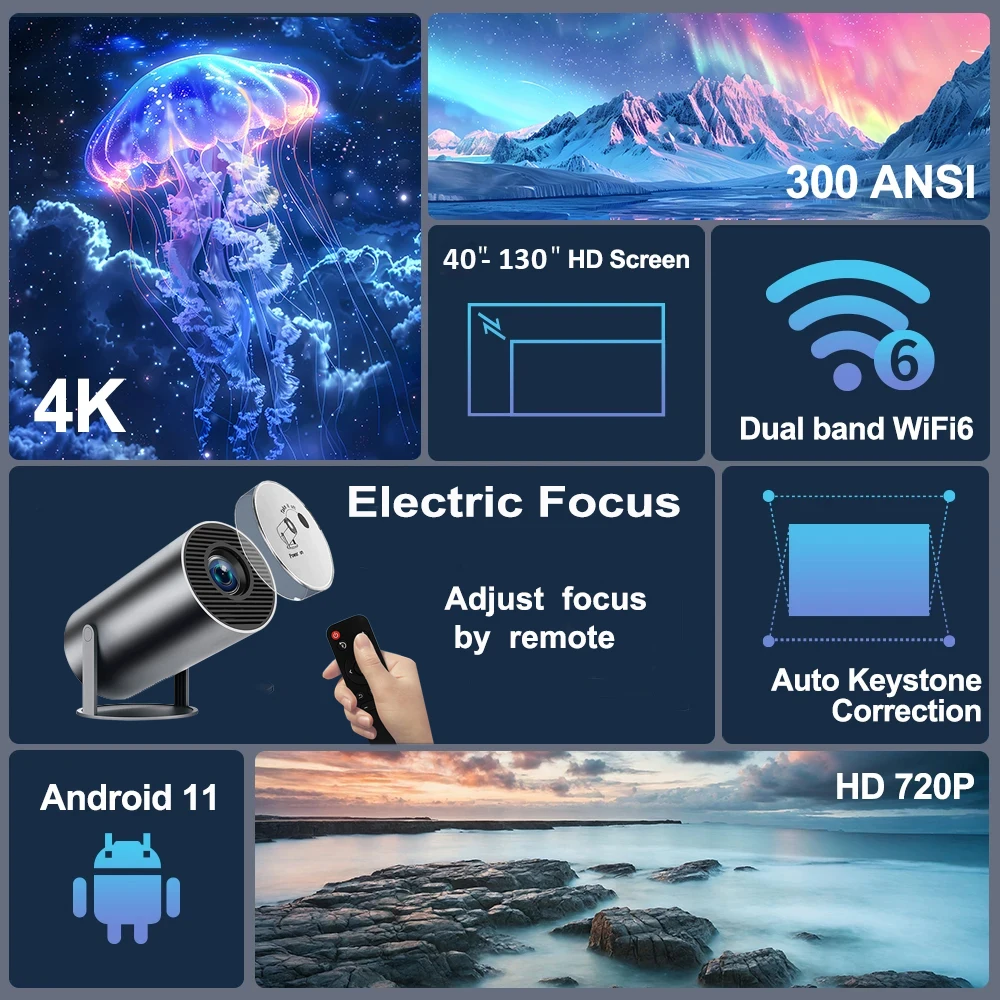 DITONG HY300 plus Newly Native 720P Android 4K 1080p Projector 300ANSI Wifi Cinema Outdoor Portable 180° Rotable specific cap