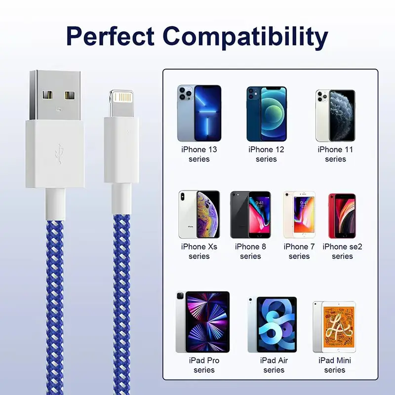 USB إلى البرق كابل بيانات شحن سريع سلك شاحن خط آيفون 14 13 12 11 برو ماكس XR XS X 8 7 6 MFI معتمد مضفر