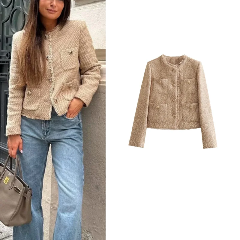 

Весенний новый женский повседневный круглый топ Ne Long Sve на одной пуговице с потертостями, маленький ветер с эффектом Fraance...