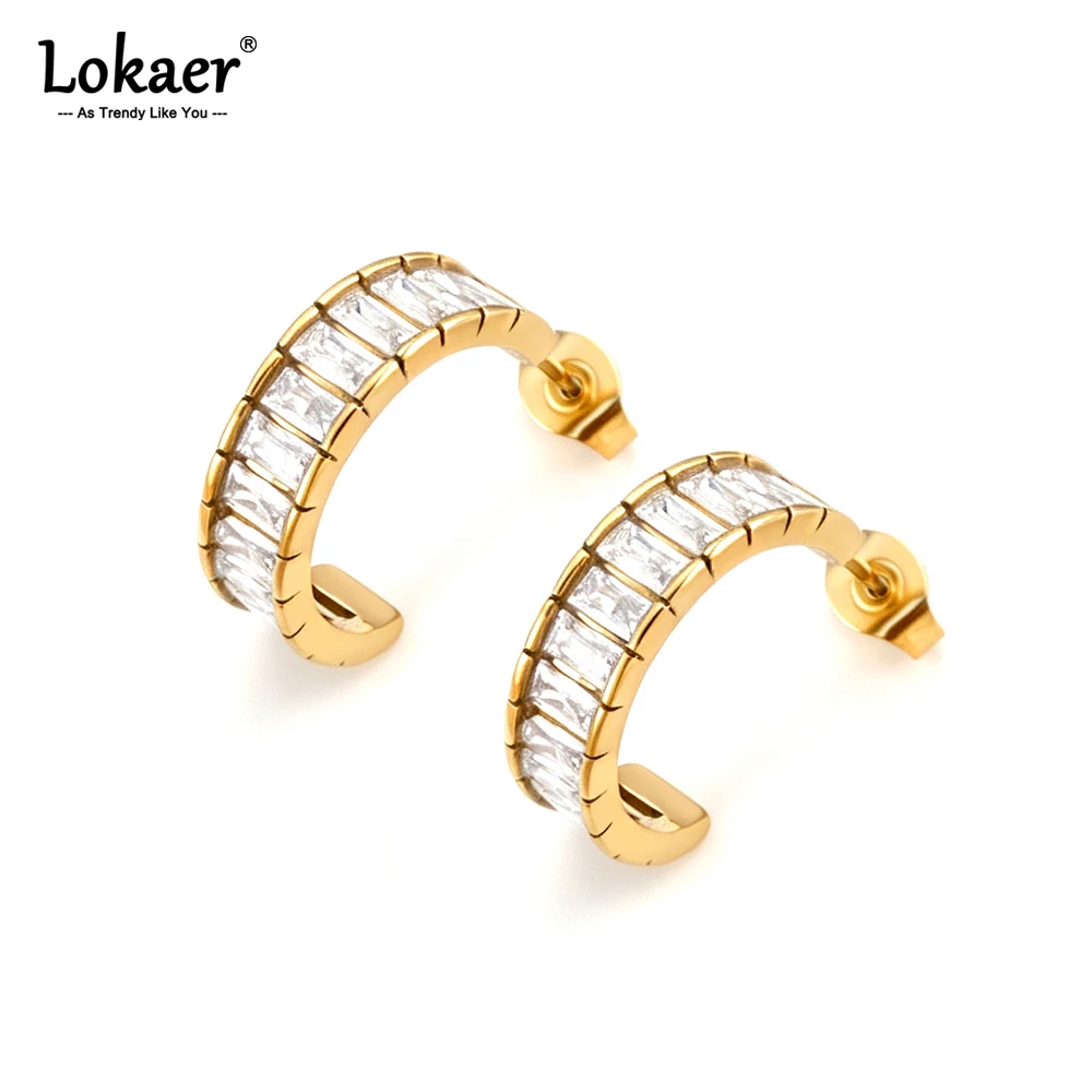 Lokaer Embedding Rectangular Zircon C-shaped Hoop Earrings Gold Plated Stainless Steel Cubic Zirconia Jewelry For Women E26176