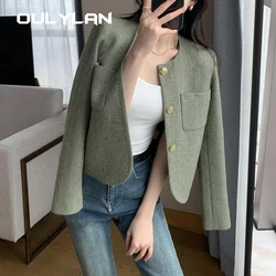 Tweed Cropped Jacket 2024 Women's Fashion Jacket Demi-Season Long Sleeved Flip Pocket Coat Chic Elegant Ladies Tops