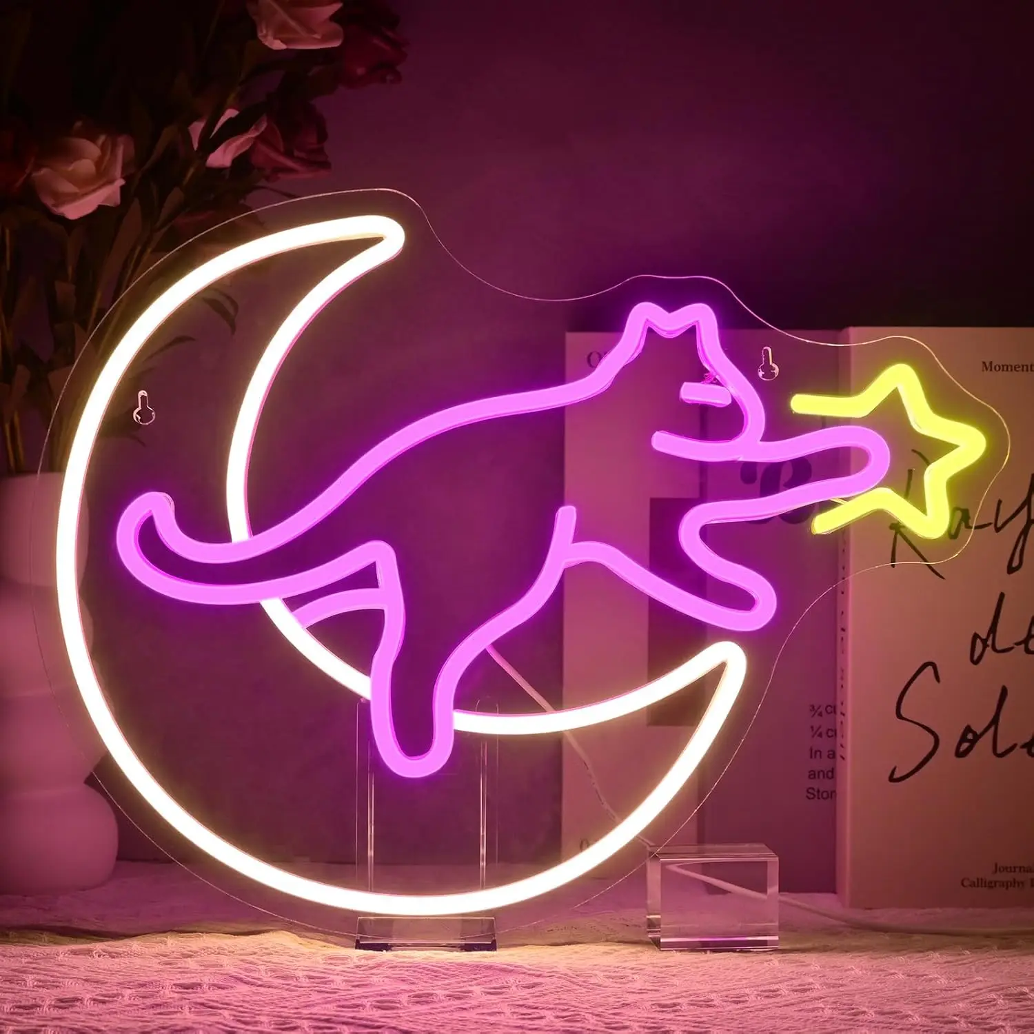 Cat On The Moon Neon Sign Catching Star LED Wall Art USB Powered Girls Bedroom Kids Room Nursery Decor Pet Lover Gift Idea