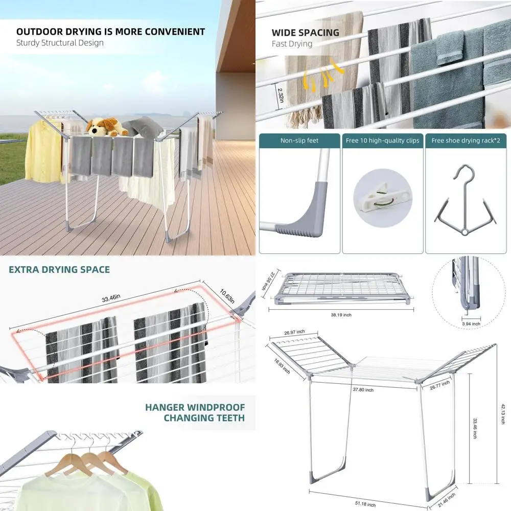 

Portable Folding Laundry Drying Rack with 10 Sock Clips, Ideal for Indoor and Outdoor Use, White