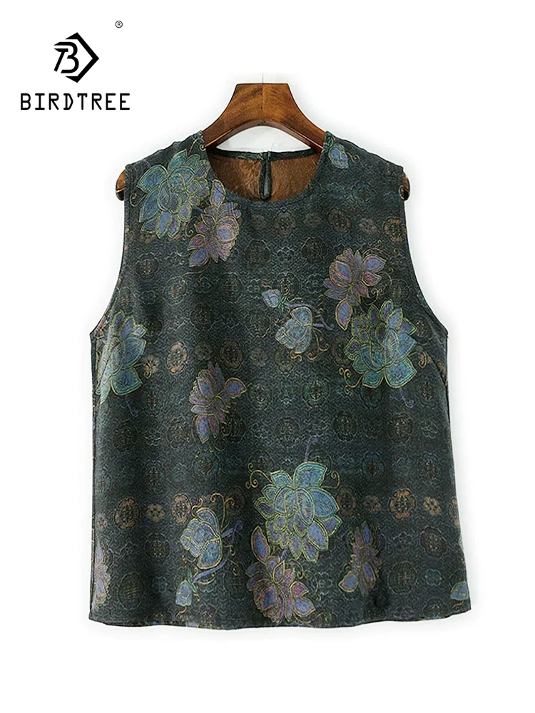

BirdTree-Watered Gauze Silk Elegant Vest, O Neck Floral Jacquard, Women Retro Commute Loose Tank Top, 2026 Spring New T5D360CC