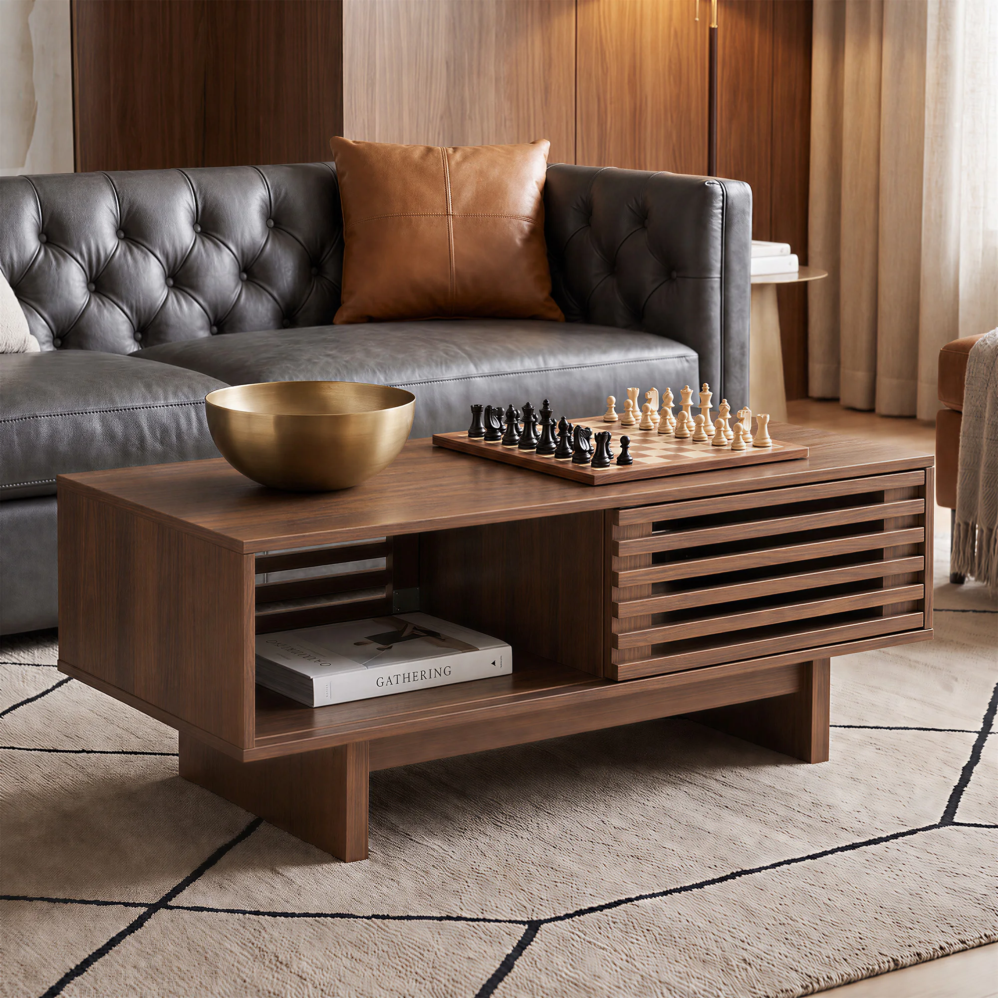 39-Inch Compact Wooden Coffee Table for Living Room - Solid Wood Center Table with Storage