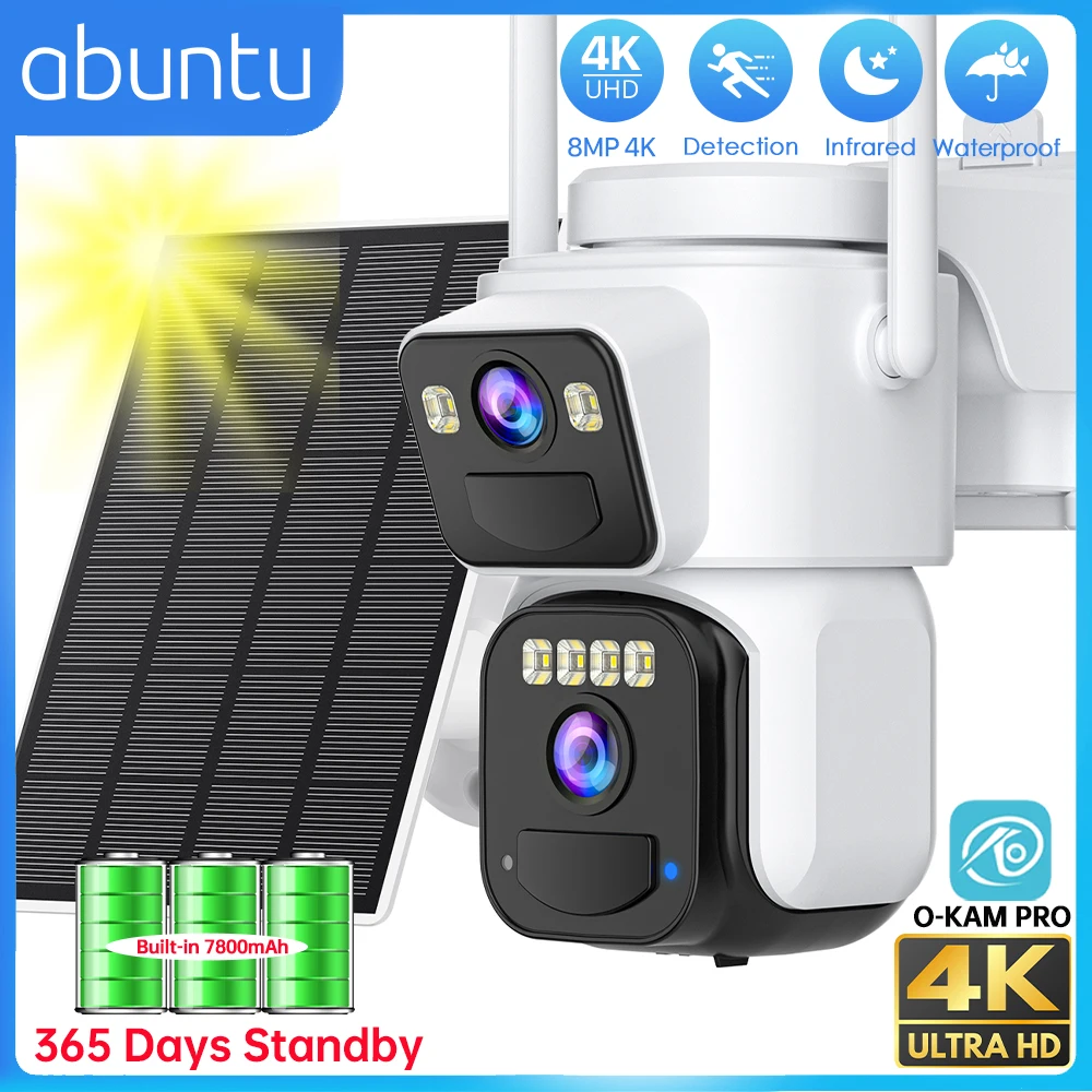 8MP 4K Wifi Solar Camera Outdoor Dual Lens Wireless Surveillance Camera With Solar Pannel 7800mAh Battery Home Security Peotect