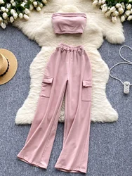 Women Sexy Pant 2 Pieces Sets Summer Spicy Girl Safari Style Strapless Vest Slim Camisole + Elastic High Waist Wide Leg Pants