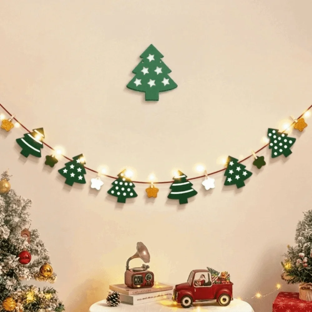 Decor Supplies LED Light String Luminous Christmas Banner Felt Material Handmade Garland Polyester DIY Pull Flag Themed Party