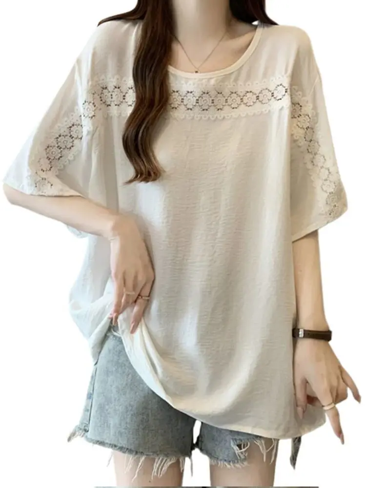 100KG PLUS ขนาดลูกไม้แขนสั้นเสื้อชีฟองผู้หญิงฤดูร้อนหลวมและขี้เกียจสไตล์เสื้อยืด TOP