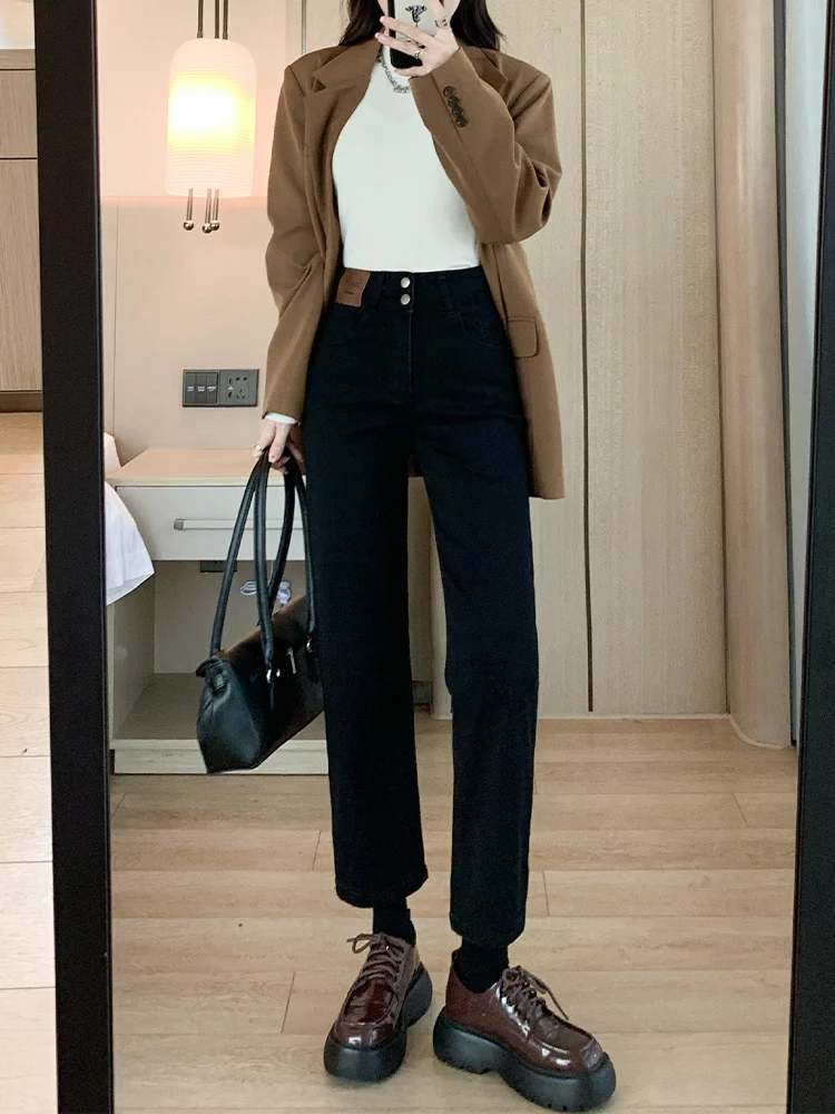 

Весна 2024, прямые джинсовые джинсы с высокой талией, женские утягивающие эластичные девятисекционные черные эластичные брюки-трубы