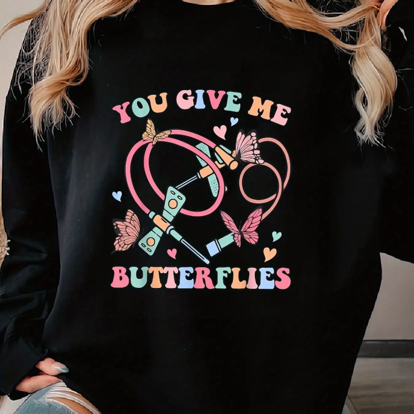 You Give Me Butterflies Funny Phlebotomist PBT Tech Nurse Woman\'s Classic Print Sweatshirt Casual Long Sleeve Crew Neck Hoodie