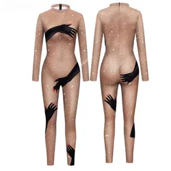 Shinny Body Print Sexy Beyonce Women Jumpsuit Costumes Carnival Cosplay Long Sleeve Female Bodysuit Outfit