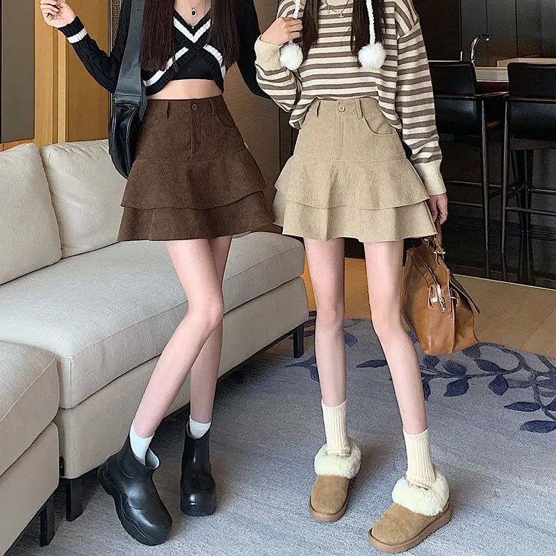 

Japan Corduroy Skirt Autumn And Winter New Irregular Design Ruffled A-Line Umbrella Skirt