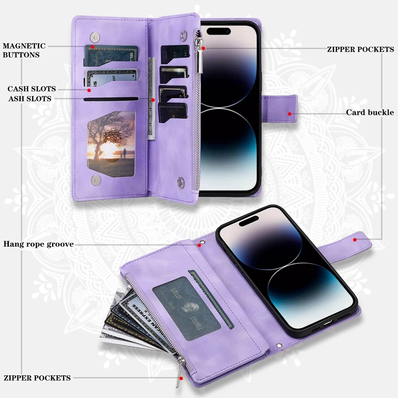 Funda de lujo tipo cartera con cremallera para iPhone 14 15 16 17 Pro Max Air 16E 13 12 11 Pro XR XS 7 8 SE, cuero en relieve con ranuras para tarjetas 3