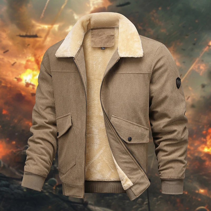 

Мужская повседневная вельветовая куртка на флисовой подкладке, меховой воротник и светоотражающие детали, безопасный модный для ночного отдыха и моды в стиле ретро