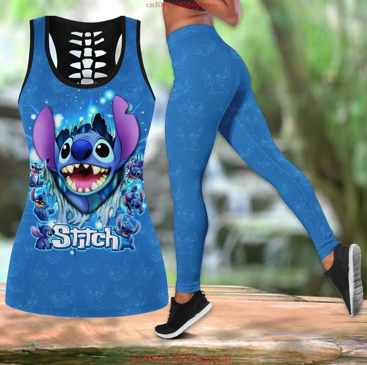 Stitch Women\'s Book Hollow Vest + Women\'s Leggings Yoga Suit Fitness Leggings Sports Suit Disney Tank Top Legging Set Outfit