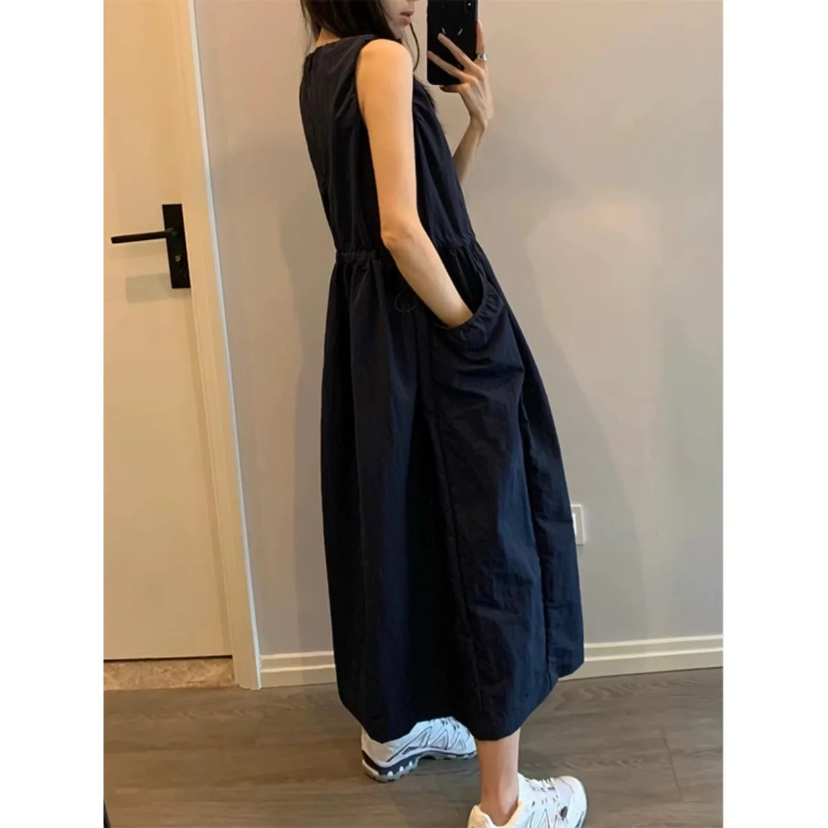 Summer New Style Women's Loose Vest Dress Korean Version Casual Design Drawstring Waist Gathered Skirt Sleeveless Dress