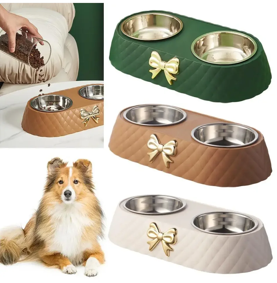 

1Set Steel Double Dog Bowl Non-slip Bow Anti Spill Pet Bowl Sturdy Rust-resistant Pet Basin Feeder
