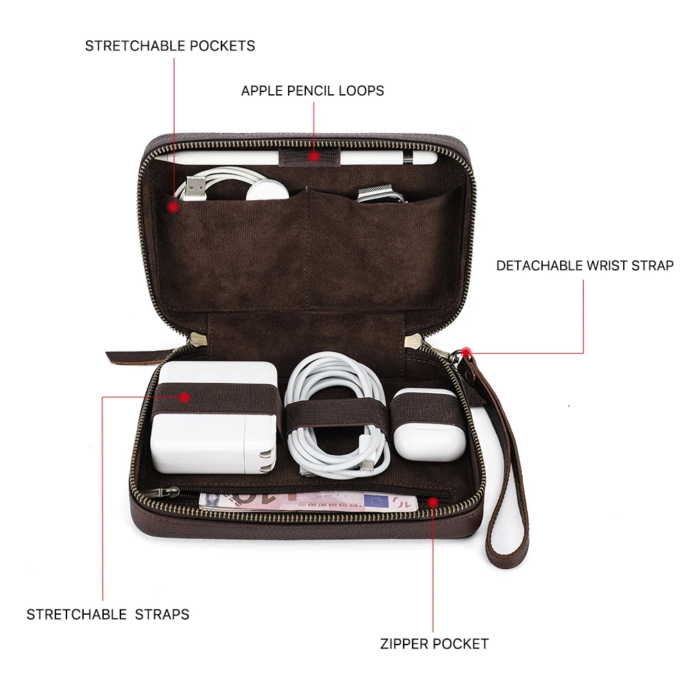 Genuine Leather Portable USB Data Cable Storage Bag Earphone Case Electronic Accessories Gadgets Digital Organizer Box Pouch