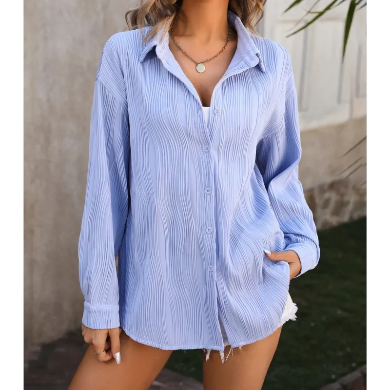 Solid Color Long Sleeved Blouse For Women Commuting 2024 Oversize Wave Texture Loose Fashion Shirt For Women Autumn New Product