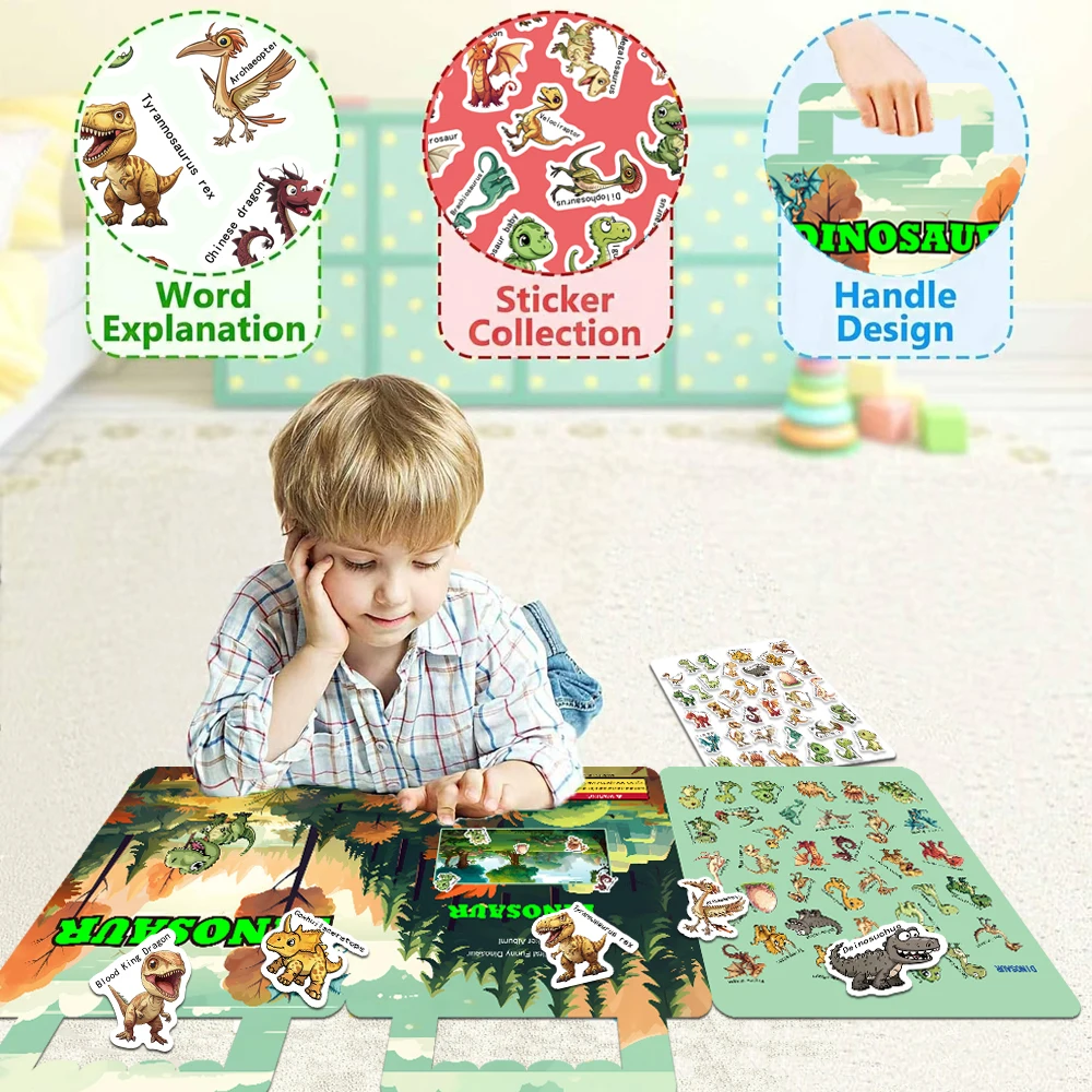 40PCS Reusable Dinosaur Animal Sticker Book Cartoon DIY Puzzle Educational Cognition Learning Toys Cute Animal Stickers for Kids